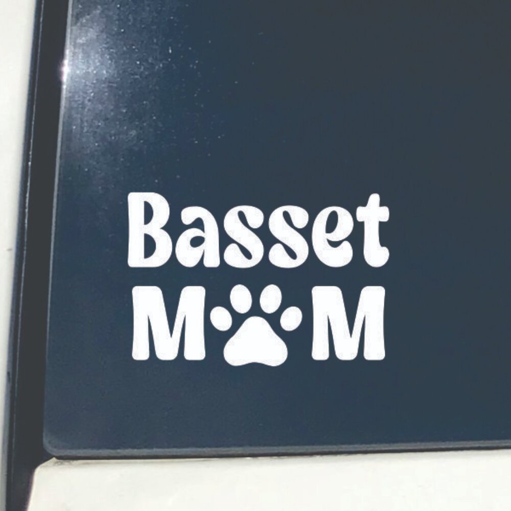 White Basset Hound Dog Mom Vinyl Window Decal